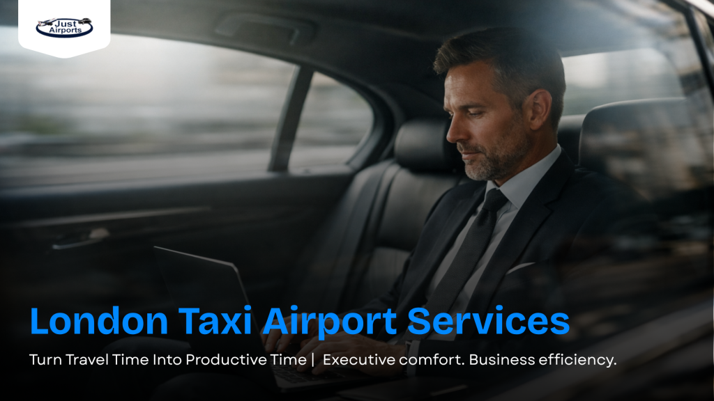 Professional chauffeur welcoming a business traveller beside an executive vehicle offering London Taxi Airport Services in London