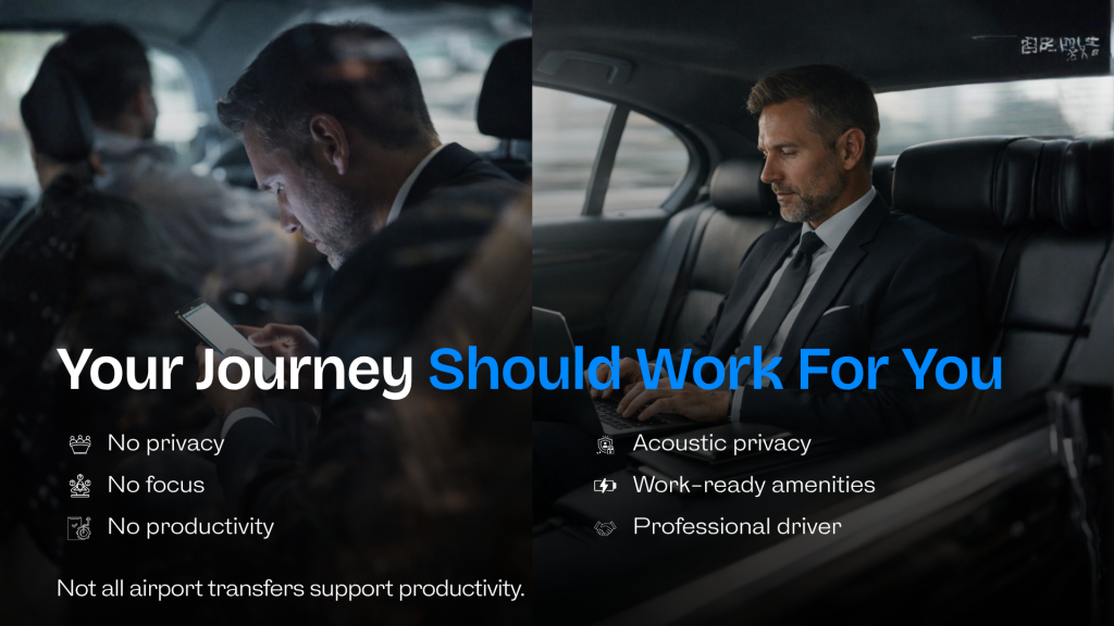 Business executive working on a laptop inside a luxury London airport chauffeur vehicle during airport transfer