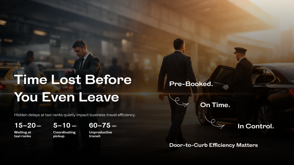 Professional chauffeur welcoming a business traveller beside an executive airport transfer vehicle in London
