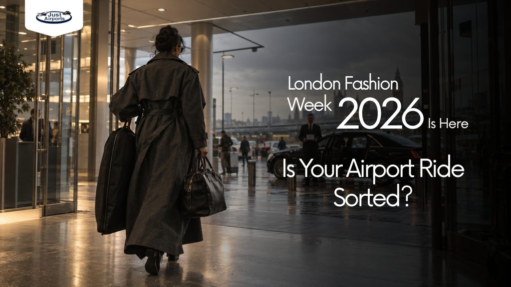 A traveller exiting airport arrivals as a driver waits by the car, illustrating private airport transfers in London for Fashion Week 2026.