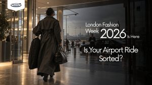 A traveller exiting airport arrivals as a driver waits by the car, illustrating private airport transfers in London for Fashion Week 2026.
