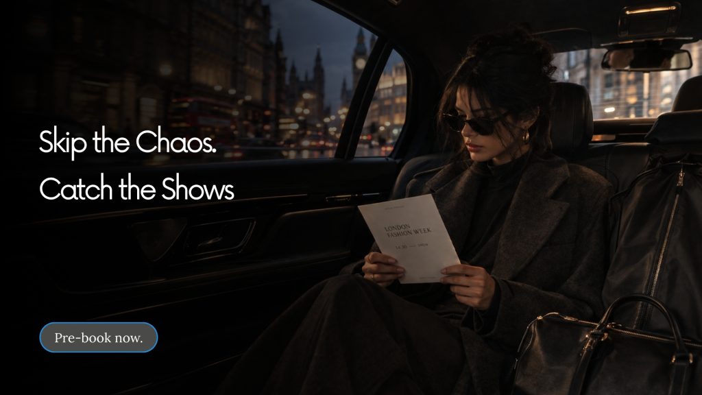 Woman sitting in the back seat of a car at night, travelling comfortably to a London Fashion Week 2026 event