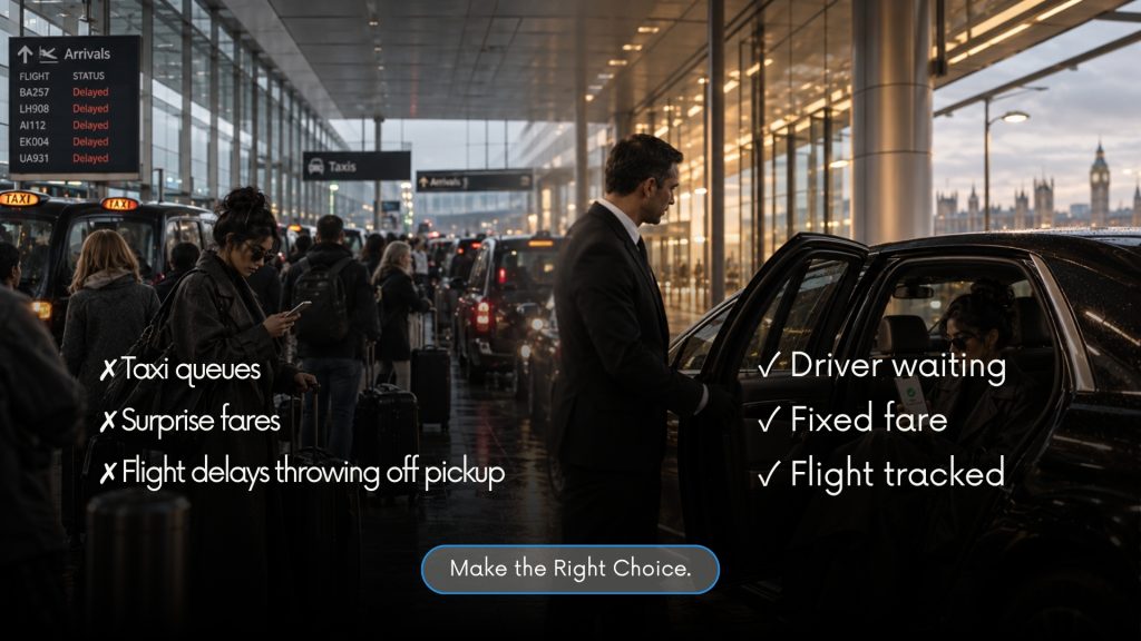 Split scene at airport arrivals: crowded taxi queue with delayed flights versus a chauffeur opening the car door.